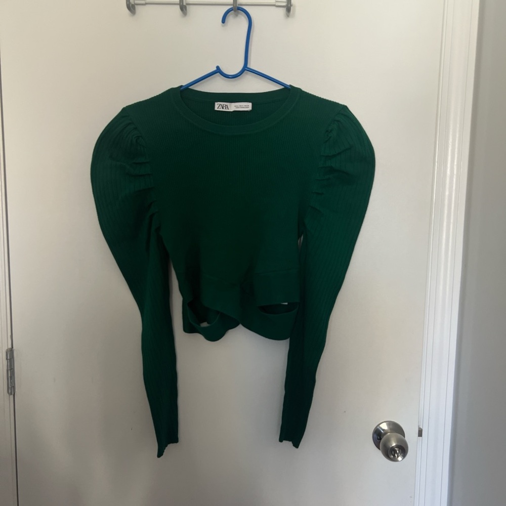 Zara Emerald Ribbed Puff Sleeve Top